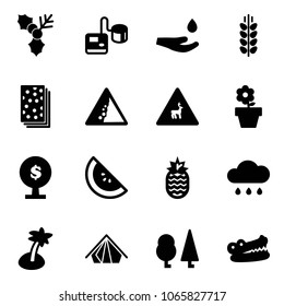 Solid vector icon set - holly vector, tonometer, drop hand, spica, breads, landslide road sign, wild animals, flower pot, money tree, watermelone, pineapple, rain cloud, palm, tent, forest