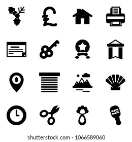 Solid vector icon set - holly vector, pound, home, printer, schedule, key, star medal, pennant, atm map pin, jalousie, mountains, shell, clock, scissors, beanbag