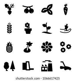 Solid vector icon set - holly vector, rowanberry, three leafs, carrot, spica, flower pot, sproute, hand, pineapple, palm, forest, water power plant, lawn mower