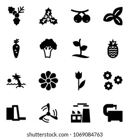 Solid vector icon set - holly vector, rowanberry, three leafs, carrot, broccoli, sproute, pineapple, palm, flower, tulip, water power plant, wind mill, machine tool