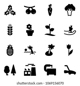 Solid vector icon set - holly vector, rowanberry, carrot, broccoli, spica, flower pot, sproute, hand, pineapple, palm, tulip, forest, plant, machine tool, lawn mower