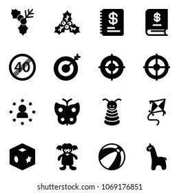 Solid vector icon set - holly vector, annual report, end speed limit road sign, target, star man, butterfly, pyramid toy, kite, cube, doll, beach ball, giraffe