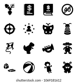 Solid vector icon set - holly vector, annual report, end speed limit road sign, target, star man, butterfly, pyramid toy, kite, dinosaur, horn, doll, constructor blocks, beach ball, monster