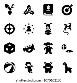 Solid vector icon set - holly vector, annual report, target, star man, pyramid toy, kite, cube, horn, doll, constructor blocks, beach ball, monster, giraffe