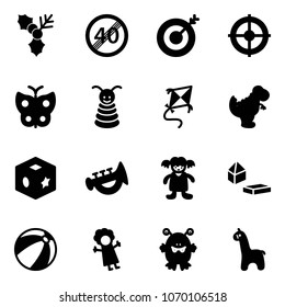 Solid vector icon set - holly vector, end speed limit road sign, target, butterfly, pyramid toy, kite, dinosaur, cube, horn, doll, constructor blocks, beach ball, monster, giraffe