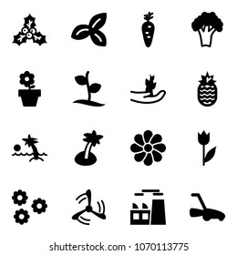 Solid vector icon set - holly vector, three leafs, carrot, broccoli, flower pot, sproute, hand, pineapple, palm, tulip, wind mill, plant, lawn mower