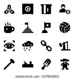 Solid vector icon set - holly vector, safe, atm, account, hot tea, pyramid flag, volleyball, eye scanner, snow, link, oil derrick, sledgehammer, jointer, beanbag, doll