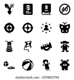 Solid vector icon set - holly vector, annual report, end speed limit road sign, target, star man, butterfly, pyramid toy, kite, horn, doll, constructor blocks, beach ball, monster