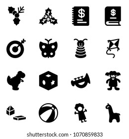 Solid vector icon set - holly vector, annual report, target, butterfly, pyramid toy, kite, dinosaur, cube, horn, doll, constructor blocks, beach ball, giraffe