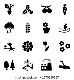 Solid vector icon set - holly vector, rowanberry, carrot, broccoli, spica, flower pot, hand sproute, palm, tulip, forest, wind mill, plant, lawn mower
