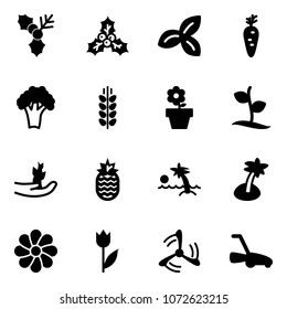 Solid vector icon set - holly vector, three leafs, carrot, broccoli, spica, flower pot, sproute, hand, pineapple, palm, tulip, wind mill, lawn mower