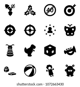 Solid vector icon set - holly vector, end speed limit road sign, target, star man, butterfly, pyramid toy, dinosaur, cube, horn, constructor blocks, beach ball, doll, monster