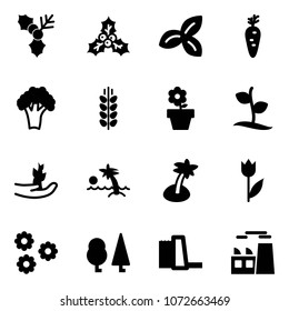 Solid vector icon set - holly vector, three leafs, carrot, broccoli, spica, flower pot, sproute, hand, palm, tulip, forest, water power plant