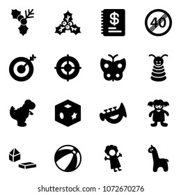 Solid vector icon set - holly vector, annual report, end speed limit road sign, target, butterfly, pyramid toy, dinosaur, cube, horn, doll, constructor blocks, beach ball, giraffe