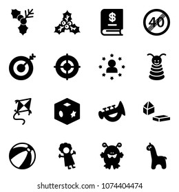 Solid vector icon set - holly vector, annual report, end speed limit road sign, target, star man, pyramid toy, kite, cube, horn, constructor blocks, beach ball, doll, monster, giraffe