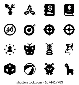 Solid vector icon set - holly vector, annual report, end speed limit road sign, target, star man, butterfly, pyramid toy, kite, cube, beach ball, monster, giraffe