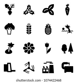 Solid vector icon set - holly vector, three leafs, carrot, broccoli, spica, pineapple, palm, flower, tulip, forest, water power plant, wind mill, machine tool