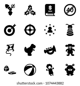 Solid vector icon set - holly vector, annual report, end speed limit road sign, target, star man, pyramid toy, kite, dinosaur, horn, doll, constructor blocks, beach ball, monster