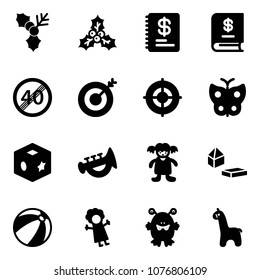 Solid vector icon set - holly vector, annual report, end speed limit road sign, target, butterfly, cube toy, horn, doll, constructor blocks, beach ball, monster, giraffe