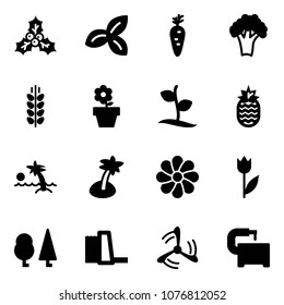 Solid vector icon set - holly vector, three leafs, carrot, broccoli, spica, flower pot, sproute, pineapple, palm, tulip, forest, water power plant, wind mill, machine tool