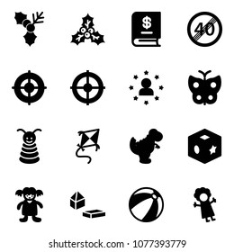 Solid vector icon set - holly vector, annual report, end speed limit road sign, target, star man, butterfly, pyramid toy, kite, dinosaur, cube, doll, constructor blocks, beach ball