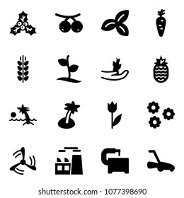Solid vector icon set - holly vector, rowanberry, three leafs, carrot, spica, sproute, hand, pineapple, palm, tulip, flower, wind mill, plant, machine tool, lawn mower