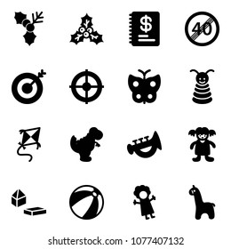 Solid vector icon set - holly vector, annual report, end speed limit road sign, target, butterfly, pyramid toy, kite, dinosaur, horn, doll, constructor blocks, beach ball, giraffe