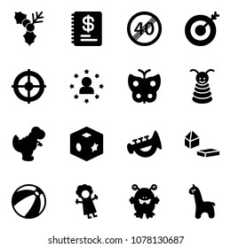 Solid vector icon set - holly vector, annual report, end speed limit road sign, target, star man, butterfly, pyramid toy, dinosaur, cube, horn, constructor blocks, beach ball, doll, monster, giraffe