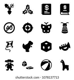 Solid vector icon set - holly vector, annual report, end speed limit road sign, target, butterfly, pyramid toy, kite, dinosaur, cube, horn, doll, constructor blocks, beach ball, giraffe