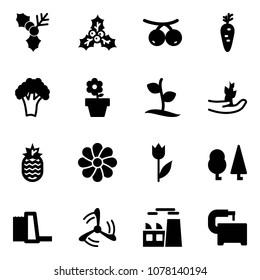 Solid vector icon set - holly vector, rowanberry, carrot, broccoli, flower pot, sproute, hand, pineapple, tulip, forest, water power plant, wind mill, machine tool