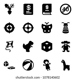 Solid vector icon set - holly vector, annual report, end speed limit road sign, target, butterfly, pyramid toy, kite, dinosaur, cube, doll, constructor blocks, beach ball, giraffe