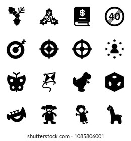 Solid vector icon set - holly vector, annual report, end speed limit road sign, target, star man, butterfly, kite, dinosaur toy, cube, horn, doll, giraffe