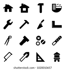 Solid vector icon set - home vector, work, hotel, wrench, hammer, trowel, corner ruler, plumber, bolt, rivet, drill, metal hacksaw, tile, toy block house