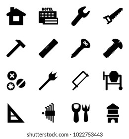 Solid vector icon set - home vector, sea hotel, wrench, saw, hammer, level, screw, rivet, wood drill, metal hacksaw, cocncrete mixer, corner ruler, allen key set, shovel fork toy, block house
