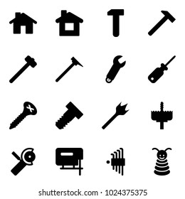 Solid vector icon set - home vector, work, hammer, sledgehammer, mason, wrench, screwdriver, screw, bolt, wood drill, crown, Angular grinder, jig saw, allen key set, pyramid toy