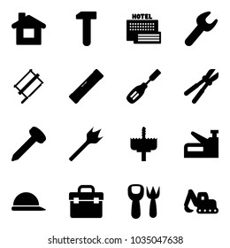 Solid vector icon set - home vector, work, sea hotel, wrench, bucksaw, level, chisel, bolt cutter, nail, wood drill, crown, stapler, construction helmet, tool box, shovel fork toy, excavator