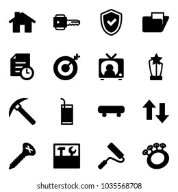 Solid vector icon set - home vector, key, shield check, folder, history, target, tv news, award, rock axe, drink, skateboard, up down arrows, screw, tool box, paint roller, beanbag