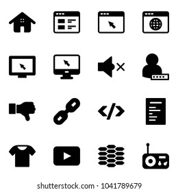 Solid vector icon set - home vector, website, cursor browser, globe, monitor, volume off, user password, dislike, link, tag code, document, t shirt, playback, carbon, radio