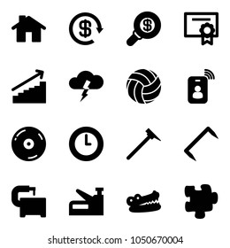 Solid vector icon set - home vector, dollar reload, search money, certificate, growth, storm, volleyball, identity card, cd, clock, mason hammer, staple, machine tool, stapler, crocodile, puzzle