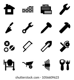 Solid vector icon set - home vector, brick wall, sea hotel, wrench, trowel, nail, screw, rivet, metal hacksaw, tile drill, Angular grinder, concrete mixer, wheelbarrow, allen key set
