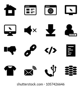 Solid vector icon set - home vector, website, browser globe, monitor cursor, volume off, download, user password, dislike, link, tag code, document, t shirt, wireless mail, phone, carbon