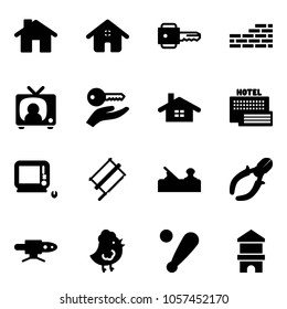 Solid vector icon set - home vector, key, brick wall, tv news, hand, sea hotel, monoblock pc, bucksaw, jointer, side cutters, pipe welding, chicken toy, baseball bat, block house