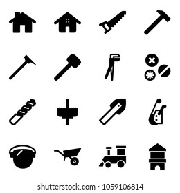 Solid vector icon set - home vector, saw, hammer, mason, rubber, plumber, rivet, drill, crown, tile, winch, protect glass, wheelbarrow, toy train, block house