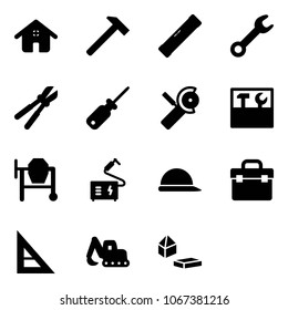 Solid vector icon set - home vector, hammer, level, wrench, bolt cutter, screwdriver, Angular grinder, tool box, cocncrete mixer, welding, construction helmet, corner ruler, excavator toy