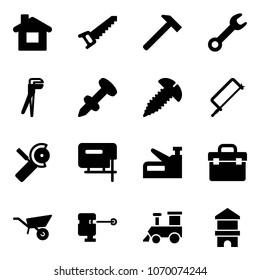 Solid vector icon set - home vector, saw, hammer, wrench, plumber, nail dowel, screw, metal hacksaw, Angular grinder, jig, stapler, tool box, wheelbarrow, laser lever, toy train, block house