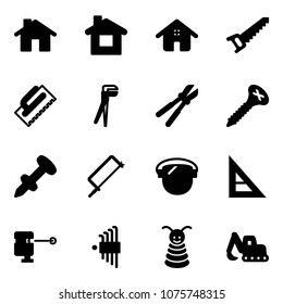 Solid vector icon set - home vector, saw, trowel, plumber, bolt cutter, screw, nail dowel, metal hacksaw, protect glass, corner ruler, laser lever, allen key set, pyramid toy, excavator