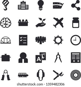 Solid vector icon set - hook flat vector, saucepan, piece of cake, secateurs, seedlings, sun, greenhouse, lamp, dividers, person, team, medical analysis, clock, to do list, meeting, contract, brain