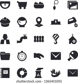 Solid vector icon set - hook flat vector, sink, construction plummet, heating batteries, potholder, mixer, cupcake, salad, hot peppers, main pipeline, grocery trolley, location, person, mail