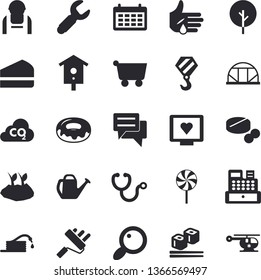 Solid vector icon set - hook flat vector, paint roller, piece of cake, donut, lollipop, fish rolls, nesting box, tree, hose, watering can, planting plants, greenhouse, construction worker, wrench