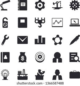 Solid vector icon set - hook flat vector, cogwheel, oil production platform, pumping, wrench, person, wealth, molecules, statistic, magnifier, reading lamp, point diagram, laptop, pen, mail, target